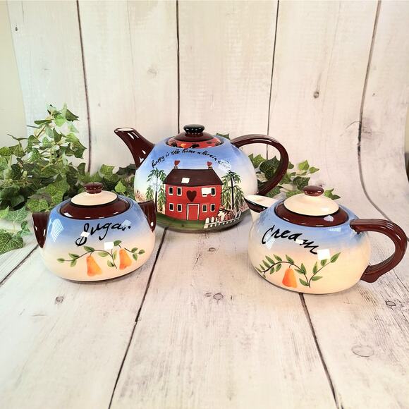 Rare Vntg Teaset: Young's Heartfelt Kitchen Creations - Happy is the Home, Blue - Picture 1 of 13
